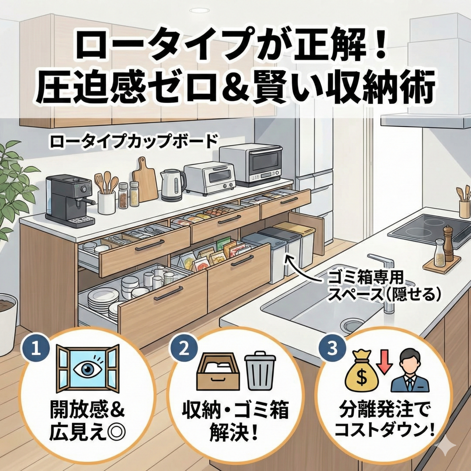 【新築キッチン】ロータイプカップボードで収納は足りる?圧迫感をなくす成功法則とレイアウト実例 | オプション工事ドットコム