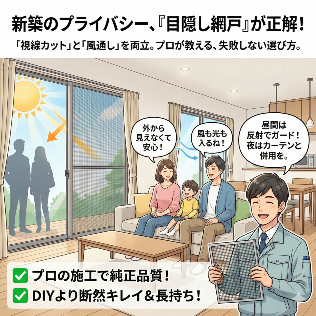 網戸で叶えるプライバシー保護:外からの視線を遮り、光と風を通す『目隠し網戸』の選定基準 | オプション工事ドットコムオプション工事ドットコム